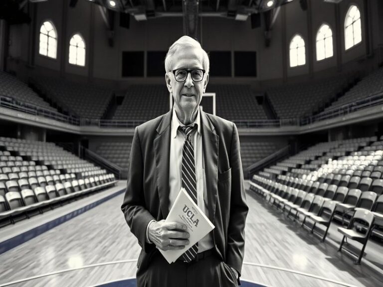 A black-and-white photograph of John Wooden in a suit, coaching on the sidelines during a UCLA basketball game, with his play