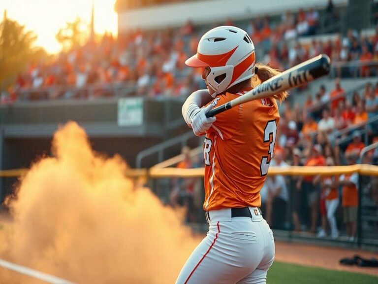 A dynamic action shot of the Tennessee Lady Vols softball team celebrating on the field during a game, showcasing players in