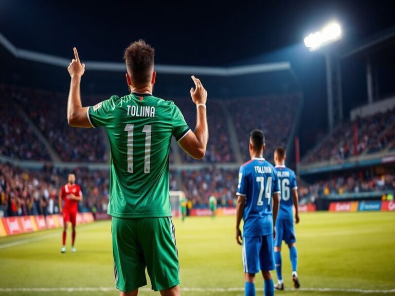 A vibrant stadium scene at night showing Deportivo Tolima (red and white striped jerseys) and Santa Fe (blue and red jerseys)