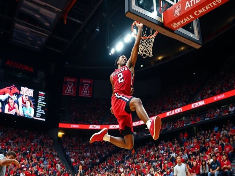 A vibrant photo of McKale Center during a UArizona basketball game, showcasing the sold-out crowd, players on the court, and