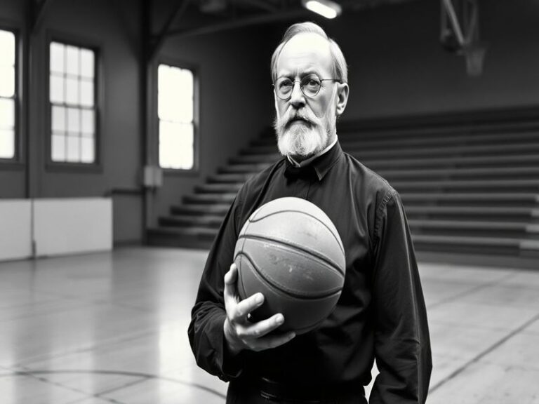A vintage black-and-white photo of James Naismith, a bearded man in early 20th-century attire, holding a basketball and peach