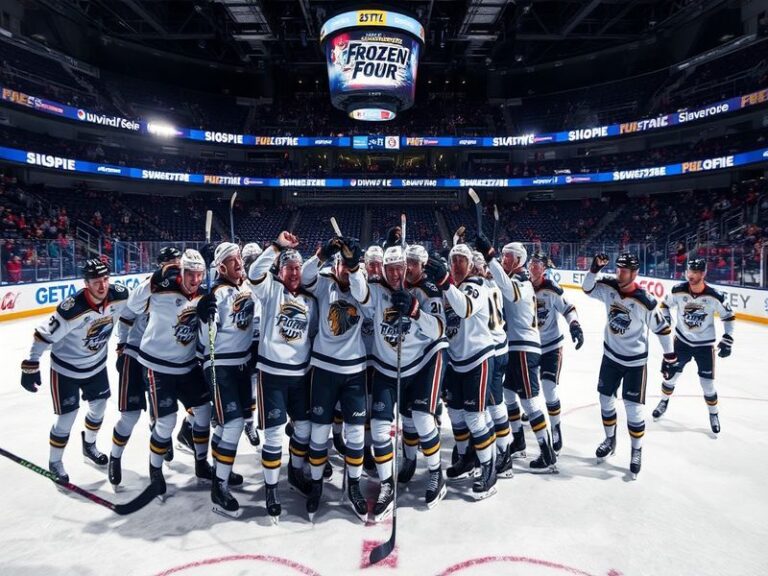 A vibrant action shot of a college hockey game during the Frozen Four, featuring players in mid-action on the ice, a packed a