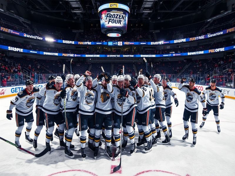 A vibrant action shot of a college hockey game during the Frozen Four, featuring players in mid-action on the ice, a packed a