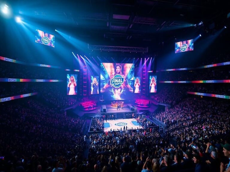 A vibrant arena stage bathed in Final Four branding, with spotlights illuminating Bruno Mars and Pitbull on opposite ends, su