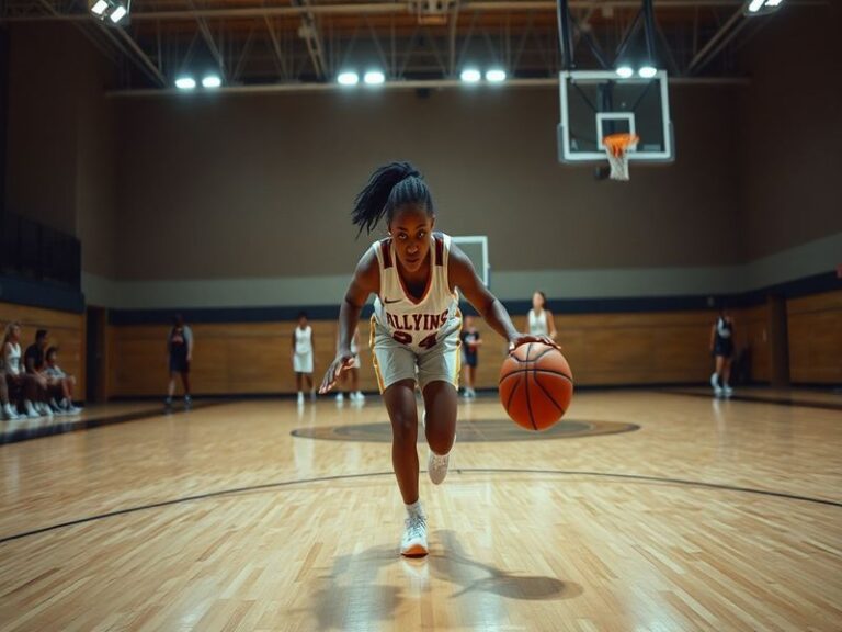 A dynamic action shot of Nimari Burnett in a Texas Longhorns game, mid-dribble with intense focus, wearing a burnt orange jer