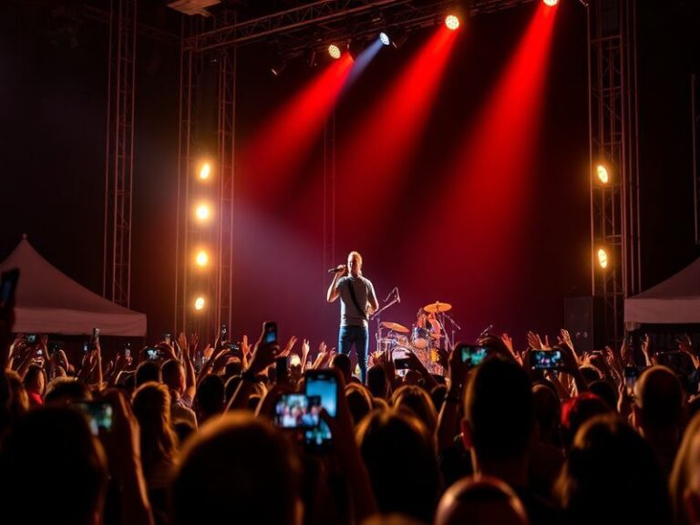 A dynamic concert photo of Breland performing on stage in Atlanta, wearing a casual yet stylish outfit, bathed in warm stage