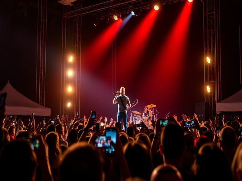 A dynamic concert photo of Breland performing on stage in Atlanta, wearing a casual yet stylish outfit, bathed in warm stage