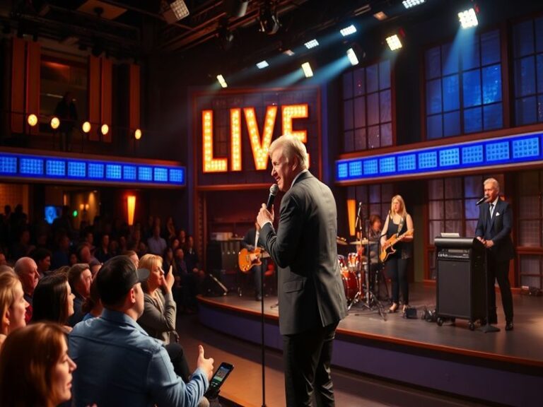 A split-screen image showing the classic American SNL stage on one side and a British-themed set on the other. The American s