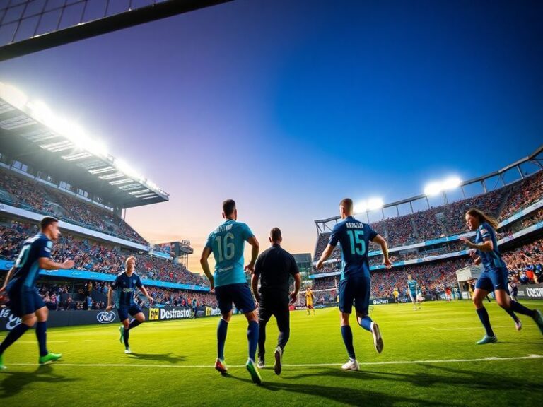 A vibrant MLS soccer match at Snapdragon Stadium during golden hour, showing players in action with the San Diego FC and San