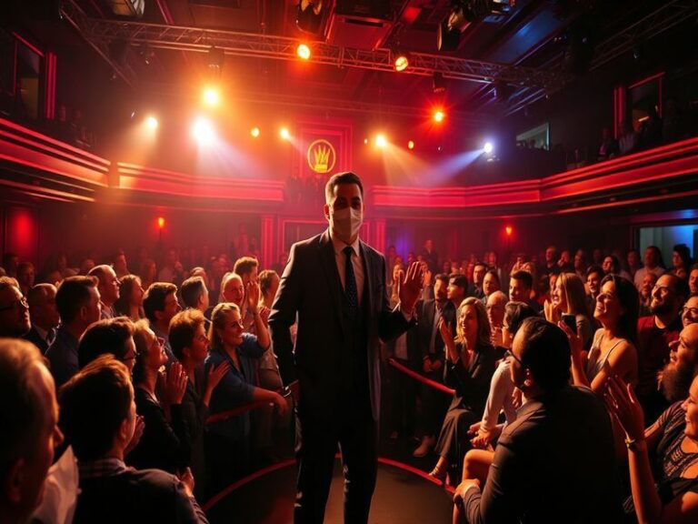 A vibrant studio set of SNL UK with the cast performing a live sketch. The background features a mock British Parliament set,