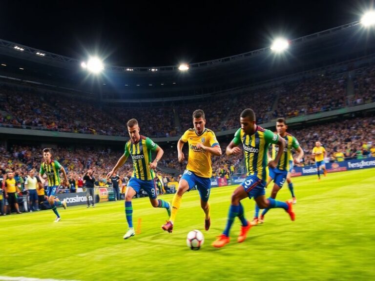 A vibrant stadium atmosphere featuring Santos Laguna and Club América players in action, with fans holding team banners and f