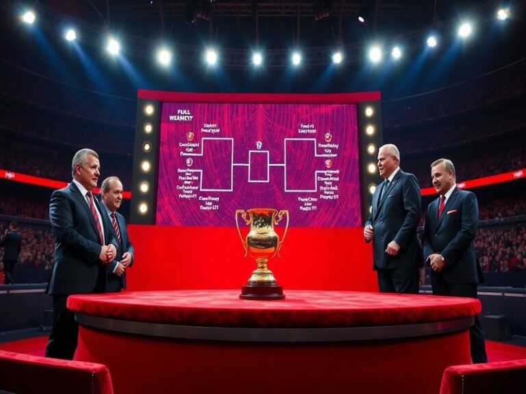 A vibrant stadium scene at Wembley with a large screen displaying the FA Cup semi-finals draw. The image shows silhouettes of