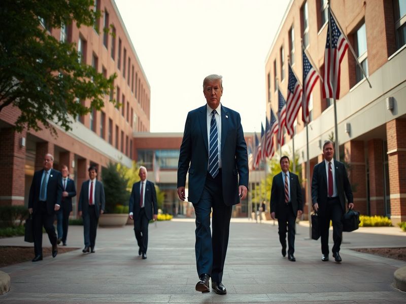 A dignified exterior shot of Walter Reed National Military Medical Center with American flags flying, bathed in golden mornin