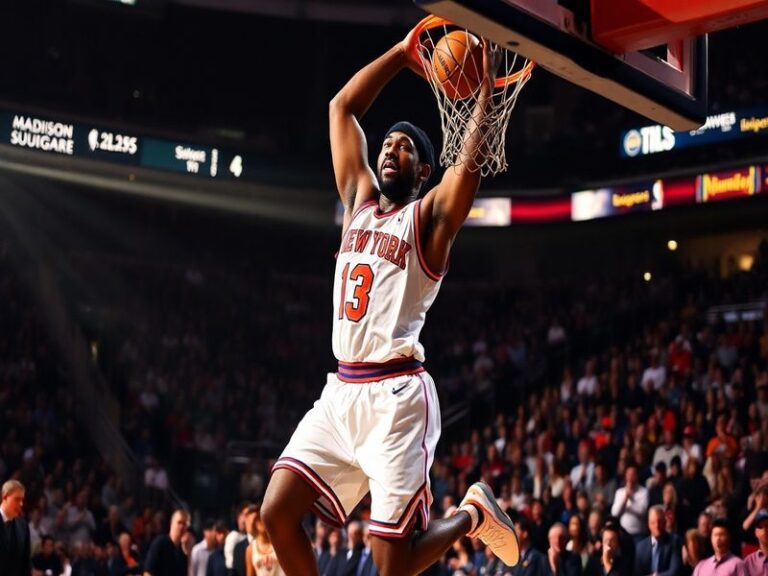 A dynamic action shot of Amare Stoudemire mid-dunk during his Suns era, wearing his iconic orange jersey, with a warm sunset