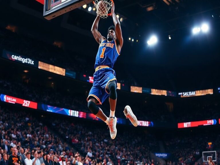 A dynamic photo of Amare Stoudemire mid-dunk in an NBA game, wearing a Phoenix Suns jersey, set against a bright arena backgr