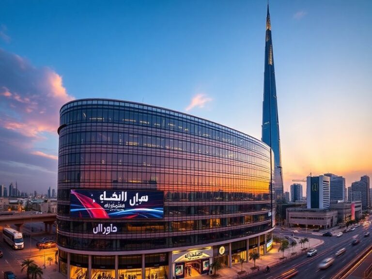 A split-image collage: On the left, Al Jazeera’s Doha headquarters at night, illuminated against a desert skyline. On the rig
