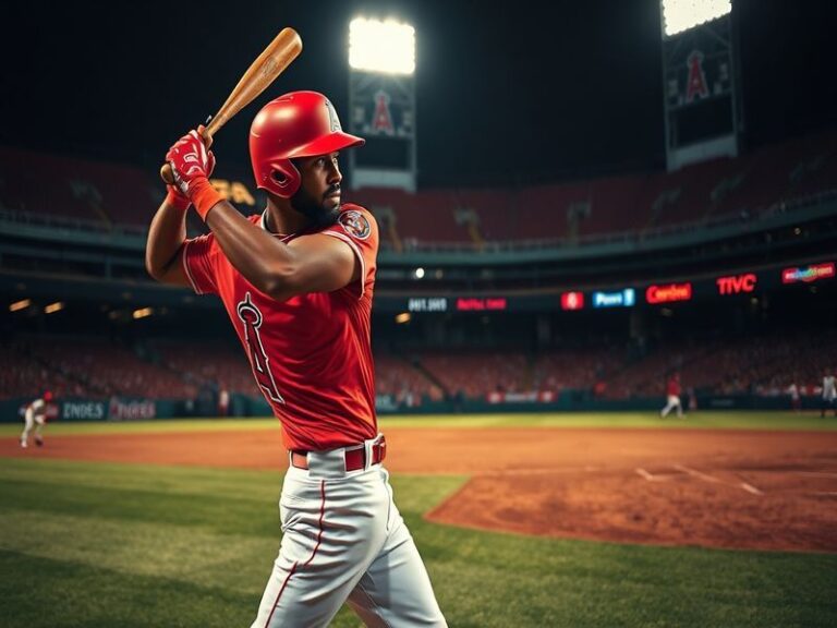A dynamic action shot of Jo Adell mid-swing at Angel Stadium, bat blurred from speed, wearing navy and red Angels uniform, in