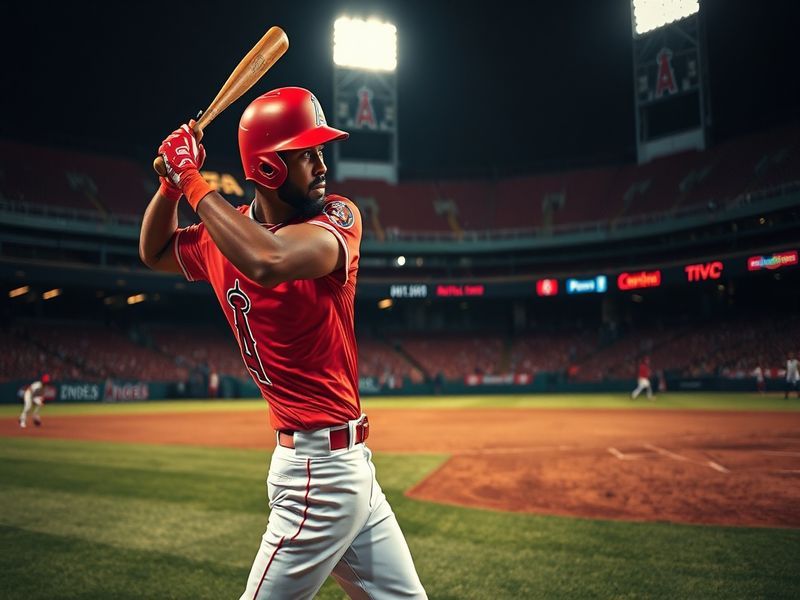 A dynamic action shot of Jo Adell mid-swing at Angel Stadium, bat blurred from speed, wearing navy and red Angels uniform, in