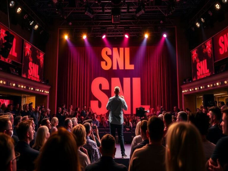 A vibrant, neon-lit stage set for SNL UK, featuring a British flag draped backdrop, a live band, and a diverse cast of comedi