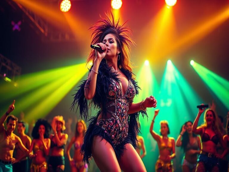 A vibrant, high-energy photo of Anitta performing on stage with colorful lighting, wearing a bold outfit that blends Brazilia