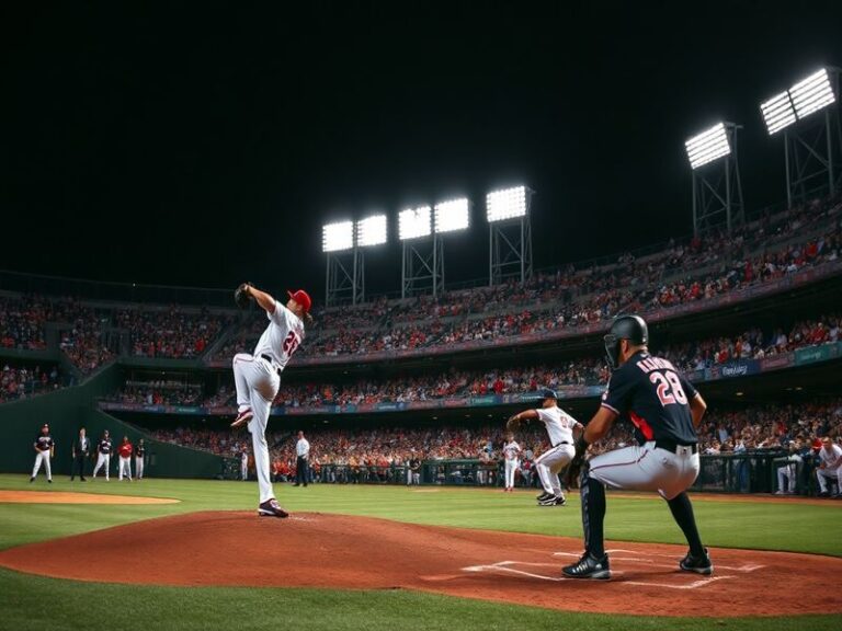 A vibrant photo of Angel Stadium during a night game, showcasing the team's logo, players in action, and the stadium's exteri