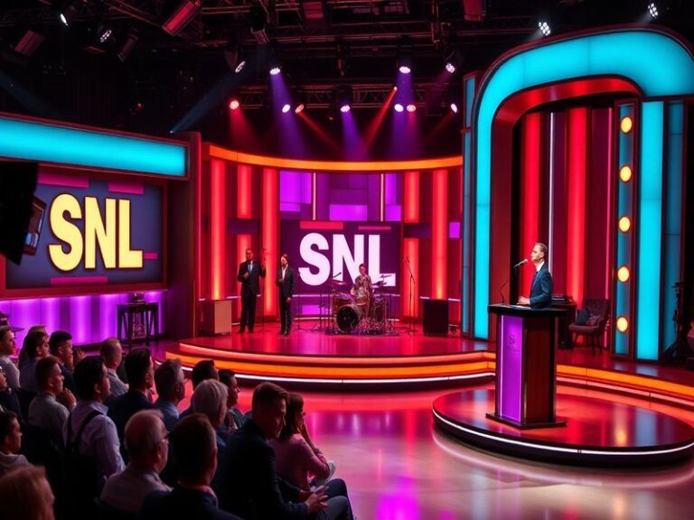 A vibrant, slightly chaotic scene of a live SNL UK taping with a studio audience, David Mitchell at the microphone in the for