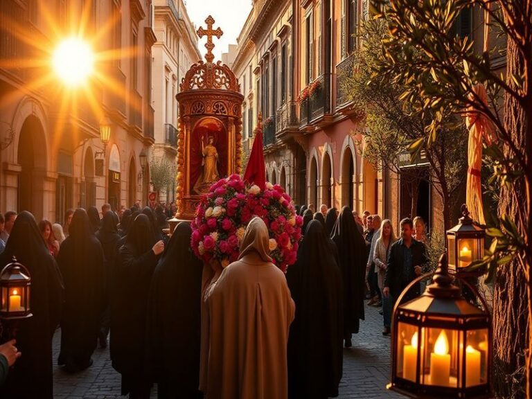 A vibrant scene of a Semana Santa procession in Spain, featuring ornate floats, hooded penitents, and a crowd of onlookers, c