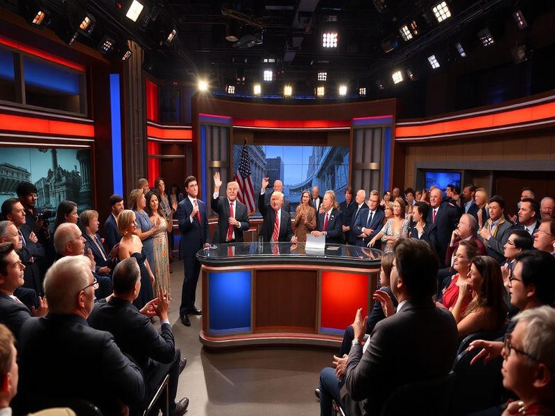 A split-screen image of an SNL live audience laughing, with a performer in a political mask on one side and a pop culture par