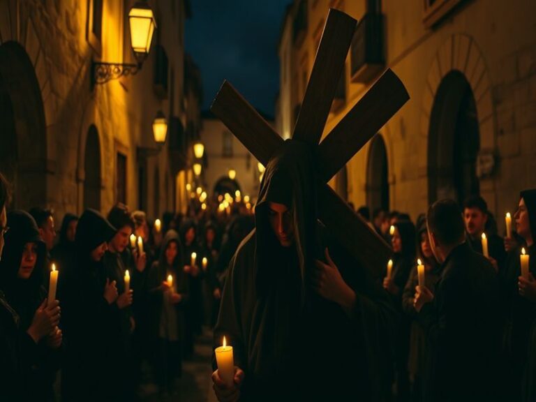 A vibrant street scene during Easter in Seville, Spain: ornate floats carrying religious statues, flanked by crowds in tradit