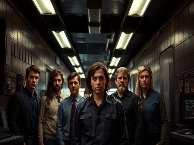 A tense group shot of the Bloodhounds Season 2 cast standing in a dimly lit, high-tech arena. Lee Jin-wook and Seo In-guk are