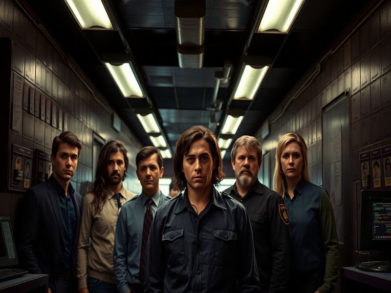 A tense group shot of the Bloodhounds Season 2 cast standing in a dimly lit, high-tech arena. Lee Jin-wook and Seo In-guk are