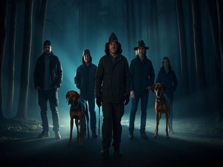 A promotional image for Bloodhounds Season 2 featuring the cast in a tense, dramatic pose. The setting is a dimly lit room wi