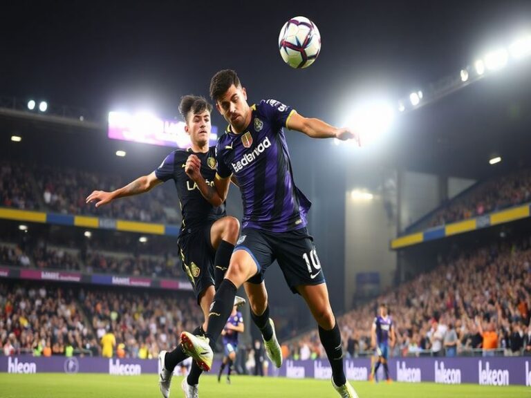 A dynamic shot of LAFC players in black and gold celebrating on the field at BMO Stadium, with Orlando City players in purple