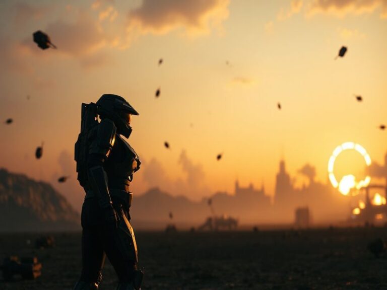A split-screen image showing the Halo campaign's evolution: on the left, a classic Halo scene with Master Chief; on the right