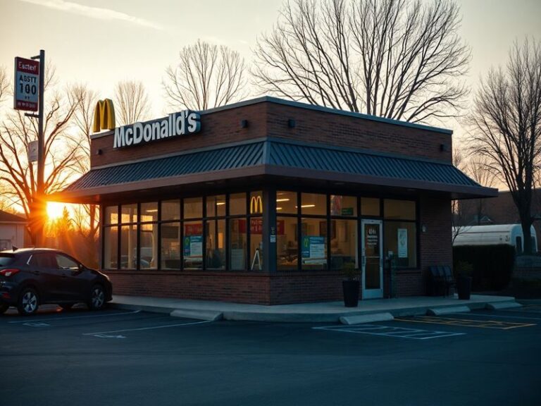 A bright McDonald's restaurant sign with Easter-themed decorations, showing morning light and an empty parking lot. The focus