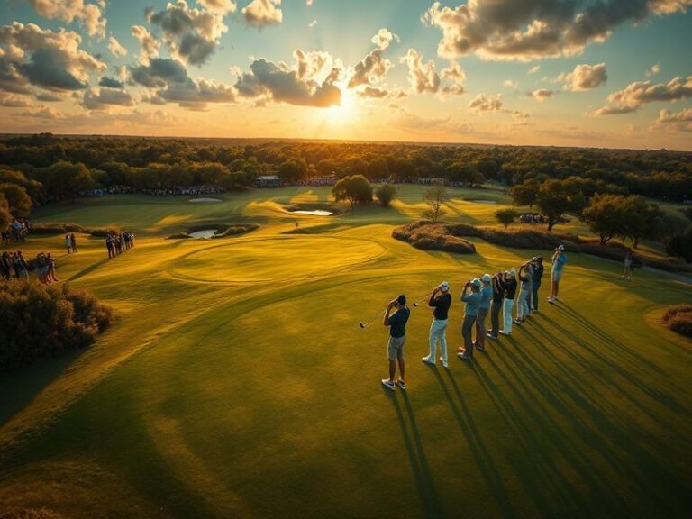 A vibrant golf course under a blue sky, with players in mid-swing and a digital leaderboard display in the foreground. The se