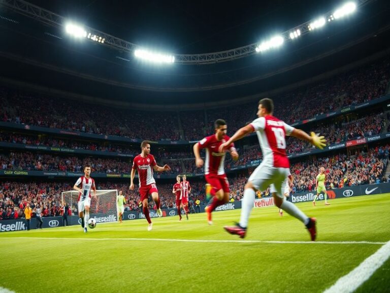 Estadio lleno con aficionados ondeando banderas y jugadores en acción durante un partido de Liga MX, con luz de atardecer y a