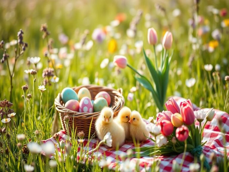 A vibrant spring scene with colorful Easter eggs, blooming flowers, and a sunrise over a peaceful countryside, conveying hope