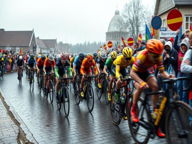 A dynamic shot of cyclists ascending the steep cobbled climb of the Oude Kwaremont during the Tour of Flanders, with orange-c