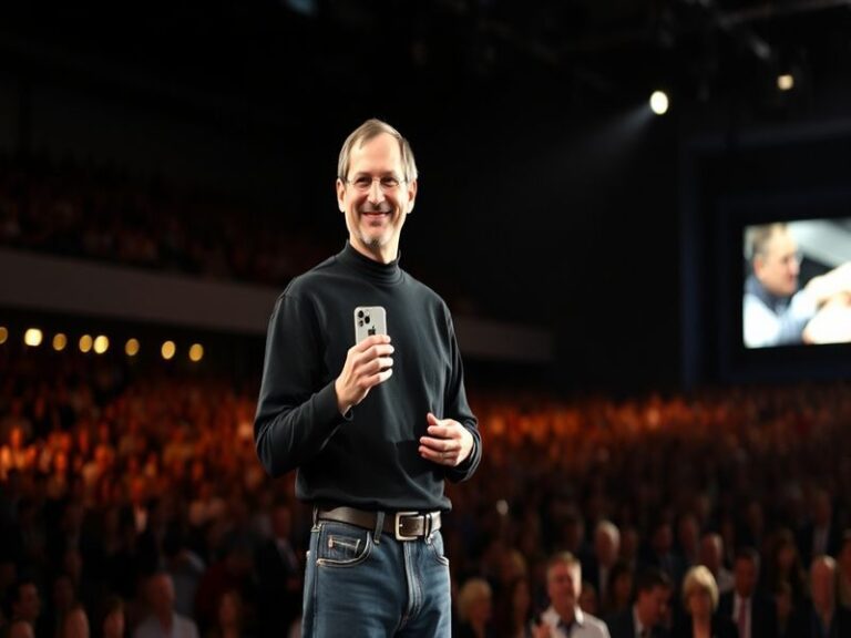 A portrait of Steve Jobs in a black turtleneck against an Apple logo backdrop, captured in soft, dramatic lighting.