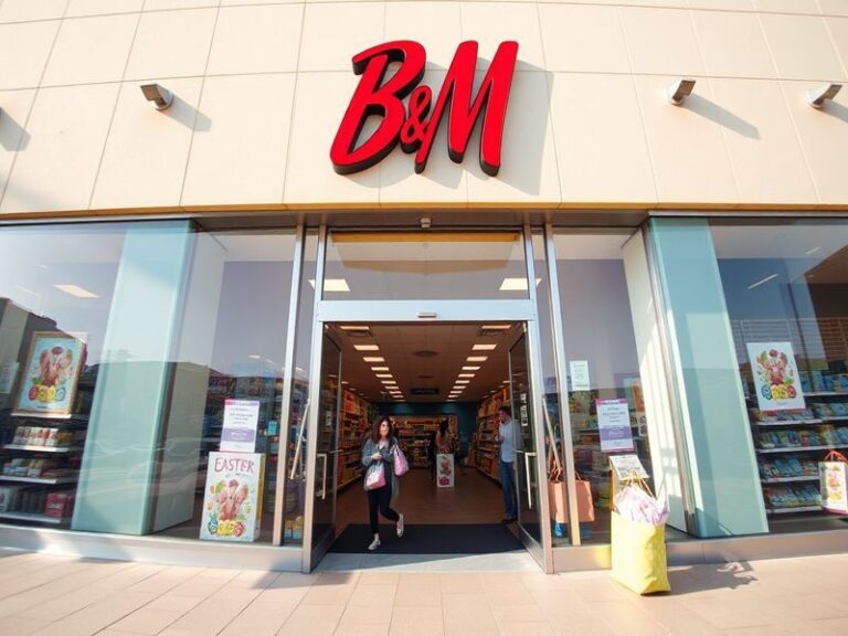 A clean, well-lit B&M storefront with a closed sign on the door, surrounded by Easter decorations like pastel eggs and spring