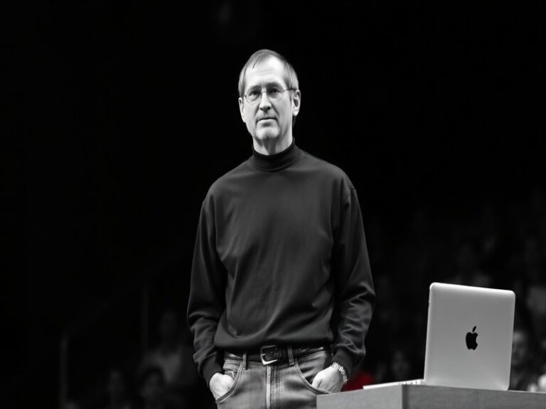 A professional portrait of Steve Jobs in his signature black turtleneck and glasses, standing in front of an Apple logo backd