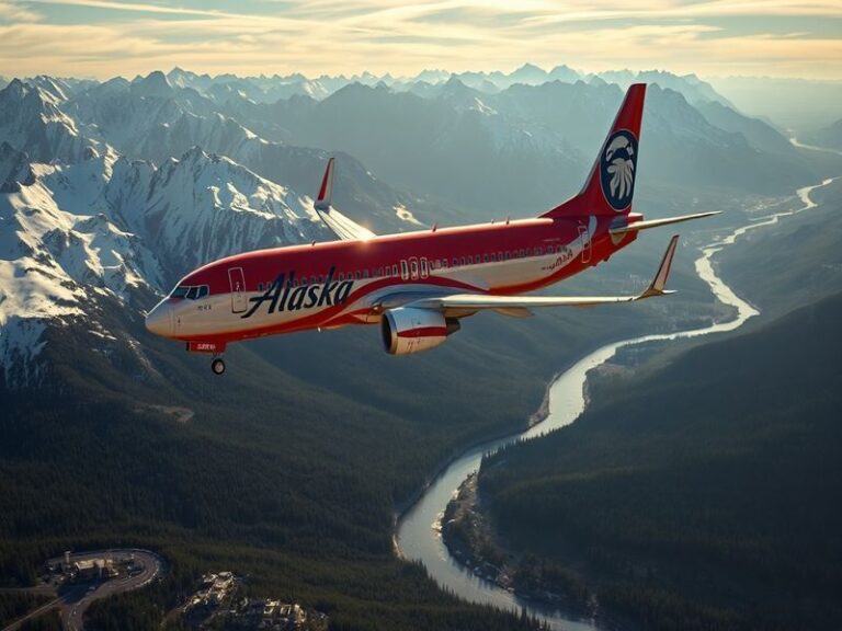 A modern Alaska Airlines aircraft taking off against a backdrop of snow-capped mountains, with passengers boarding in the for