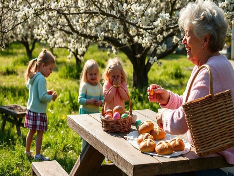 A vibrant outdoor scene on Easter Monday featuring a family picnic with colorful Easter eggs, a church spire in the backgroun