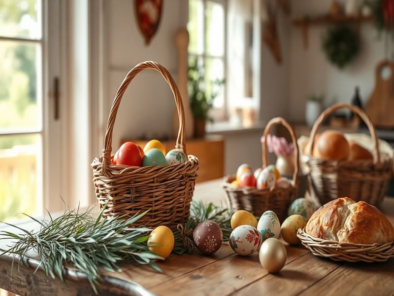 A festive Polish Easter table set with colorful pisanki eggs, a decorated basket for święconka blessing, and traditional East