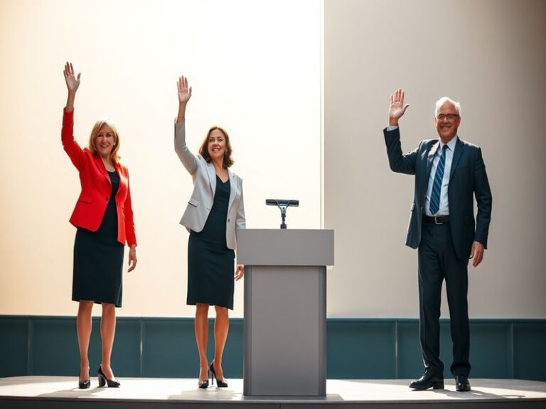 A diverse group of political leaders standing on a stage during a primary debate, with an American flag in the background. Th