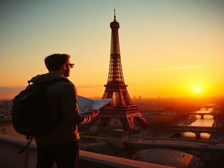 A serene European cobblestone street at dusk, lined with historic buildings, a small local café glowing warmly, and a few ped