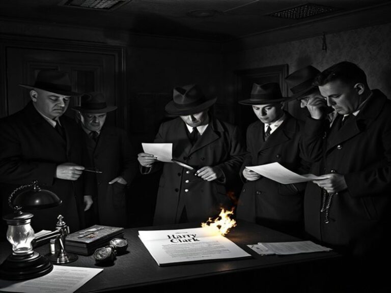 A black-and-white photograph of a 1970s European city, with a shadowy figure in a trench coat walking past a government build
