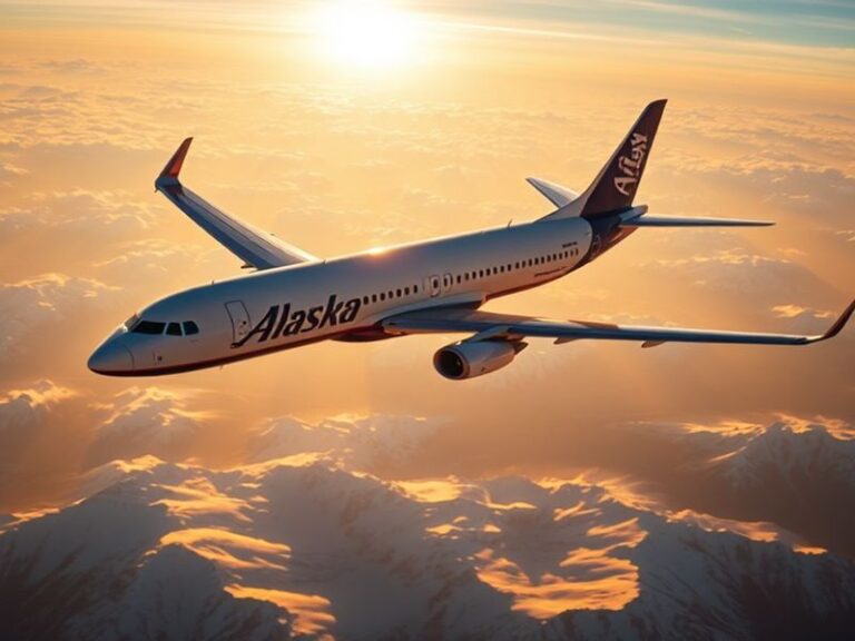 A modern Alaska Airlines Boeing 737 MAX aircraft taking off against a backdrop of snow-capped mountains and evergreen forests