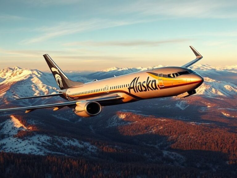 A modern Alaska Airlines aircraft parked at a sunny airport gate, with employees in branded uniforms working nearby. The scen